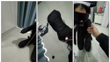 【谁谁原创】溪溪k9捆绑训练 给溪溪绑成小狗训练4肢走路，第一次不太熟练，拿着小鞭子狠狠督促一下