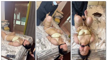 【麦子呀】穿着浅色内衣，紧缚，口塞，绑住头发抬头，下面有电动器具，菊花还有钢构，被鞭打玩嗨。